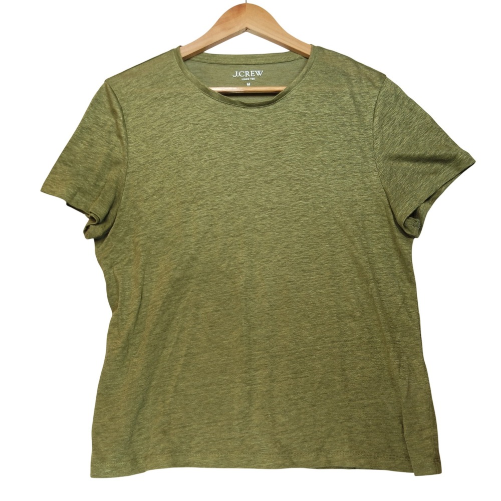 J. Crew Womens Medium Olive Green 100% Linen Short Sleeve Crew Neck Tee Shirt